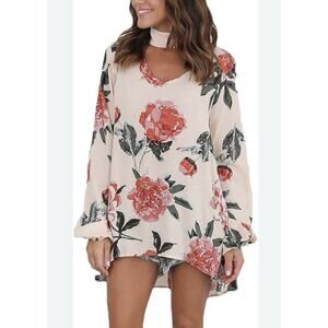 Akira Women’s Loose Chiffon Floral Blouse with V-Neck and Choker Detail Size S